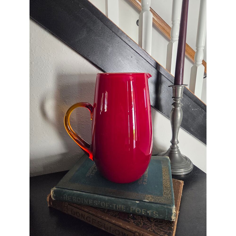 Amberina Red Glass Pitcher 8.75" Handblown Art Glass with Amber Handle Vintage